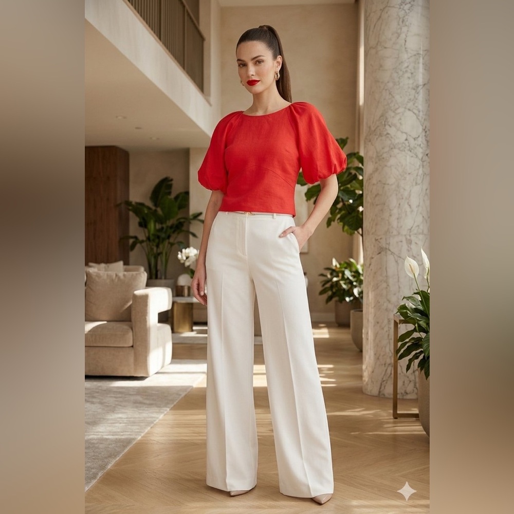 DKNY Red Puff Sleeve Linen Blend Top blouse Dramatic Balloon Sleeve Blouse sz M